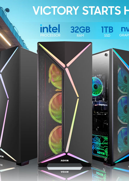 AQVIN AQ80 Gaming Desktop Computer PC Tower - Intel Core i7 - 8700 Processor Up to 4.60 GHz, GeForce GTX 1650/1660 | RTX 3050/4060/5060 Graphics Card, 32GB DDR4 RAM, 1TB SSD - 2TB SSD, Windows 11 Pro, Gaming Keyboard and Mouse