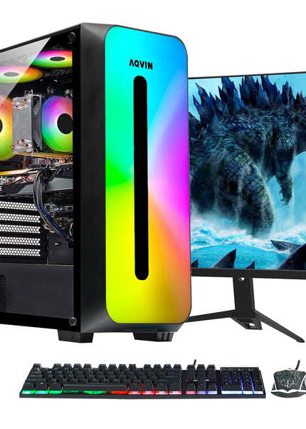 AQVIN Gaming PC Tower Desktop Computer Combo, Intel Core i7 up to 4.60 GHz, 32GB DDR4 RAM, 1TB - 2TB SSD, RX 580, GTX 1660s, RTX 3050, RTX 3060, Windows 11 Pro, WIFI - 27 inch Curved Gaming Monitor