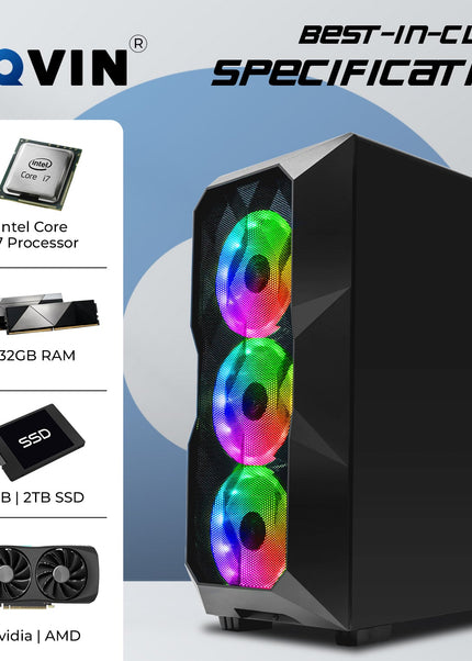 AQVIN Gaming PC Desktop Computer Tower, Intel Core i7 up to 4.60 GHz, 32GB DDR4 RAM, 1TB - 2TB SSD, RX 580, GTX 1660s, RTX 3050, RTX 3060, Windows 11 Pro, WIFI - RGB Keyboard and Mouse
