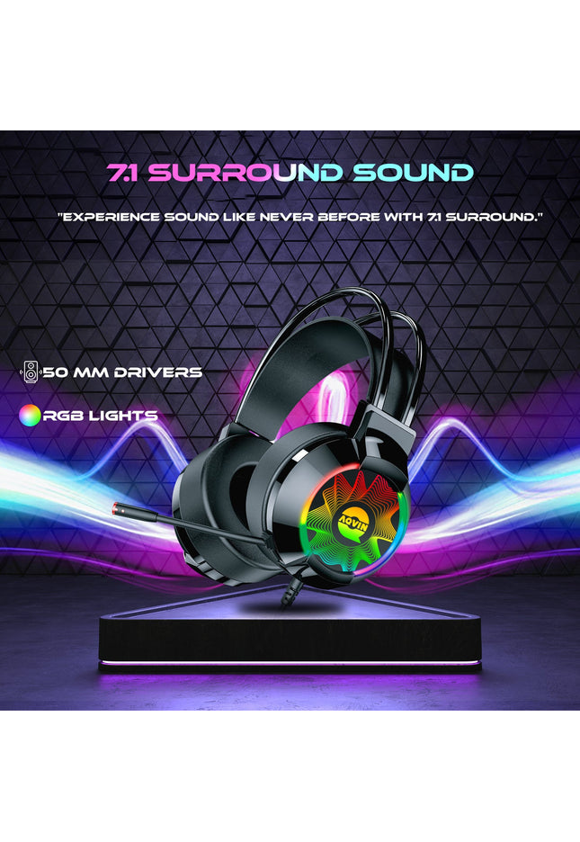 AQVIN Q310 RGB Wired Gaming Headset, RGB Backlight, 7.1 Stereo Surround Sound, 50MM Drivers, Adjustable Microphone, Over-Ear Headphones for PC, Laptop etc - Black