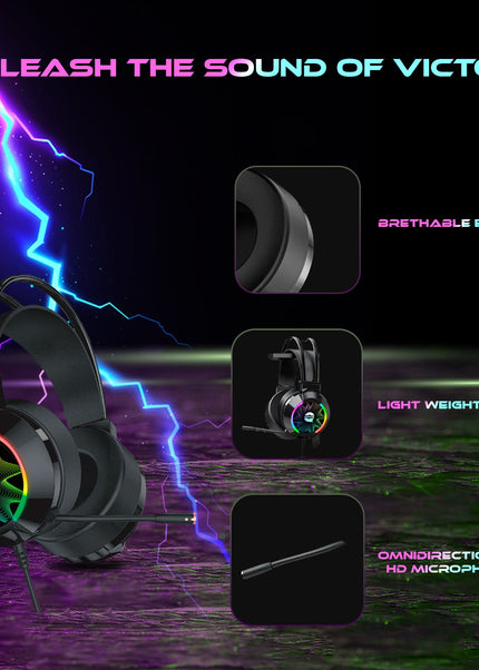 AQVIN Q310 RGB Wired Gaming Headset, RGB Backlight, 7.1 Stereo Surround Sound, 50MM Drivers, Adjustable Microphone, Over-Ear Headphones for PC, Laptop etc - Black