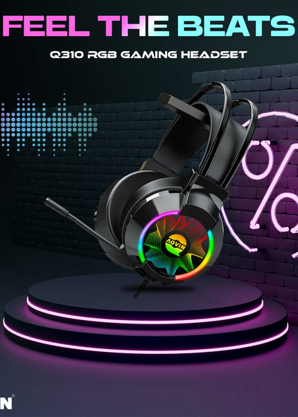 AQVIN Q310 RGB Wired Gaming Headset, RGB Backlight, 7.1 Stereo Surround Sound, 50MM Drivers, Adjustable Microphone, Over-Ear Headphones for PC, Laptop etc - Black
