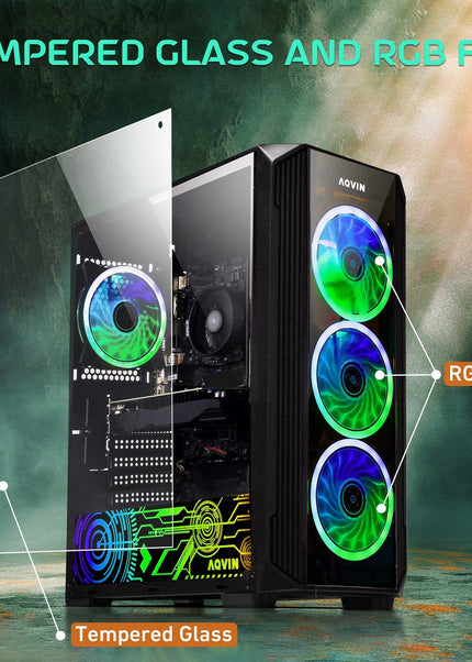 AQVIN Z-Force Windows 11 Pro Gaming PC - NVIDIA Graphics GeForce RTX 3050 6GB GDDR6 (AMD Ryzen 7 CPU/ 16GB - 32GB DDR4 RAM/ 512GB - 1TB SSD/ RGB Keyboard Mouse) - Black