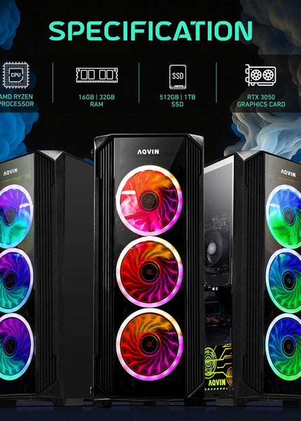 AQVIN Z-Force Windows 11 Pro Gaming PC - NVIDIA Graphics GeForce RTX 3050 6GB GDDR6 (AMD Ryzen 7 CPU/ 16GB - 32GB DDR4 RAM/ 512GB - 1TB SSD/ RGB Keyboard Mouse) - Black