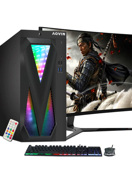 AQVIN Tower Desktop Computer Windows 11 Pro Gaming PC, 27-inch Curved Gaming Monitor, Intel Core i5 - i7 8th Gen CPU,  32GB DDR4 RAM, 1TB SSD, RX 550/GTX1630/1050Ti/1650 HDMI, WIFI - Refurbished