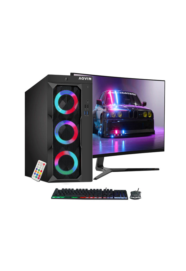 AQVIN Tower Desktop Computer Windows 11 Pro Gaming PC, 27-inch Curved Gaming Monitor, Intel Core i5 - i7 8th Gen CPU,  32GB DDR4 RAM, 1TB SSD, RX 550/GTX1630/1050Ti/1650 HDMI, WIFI - Refurbished
