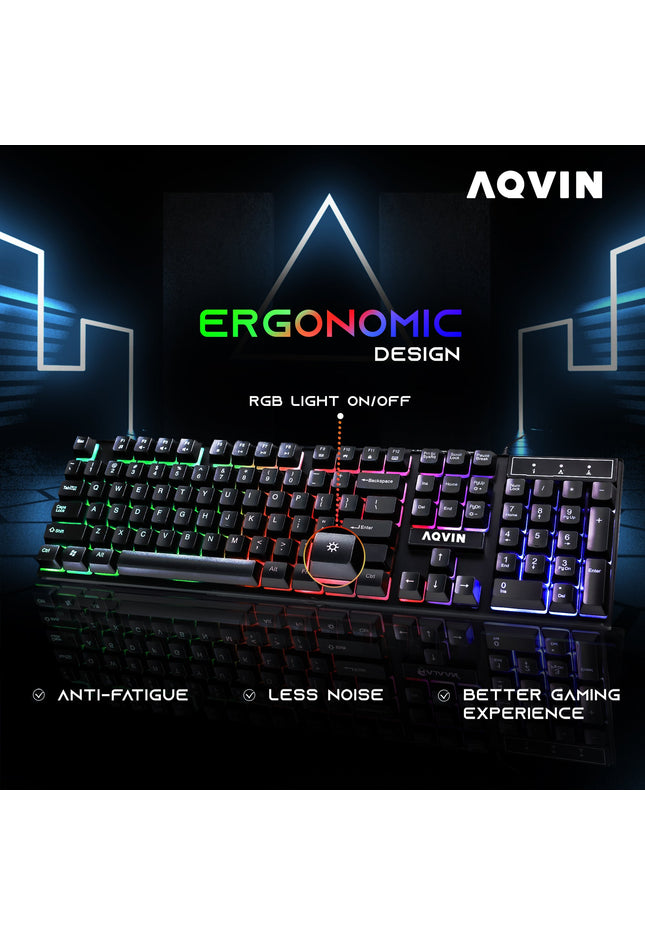 AQVIN RGB Wired Gaming Keyboard and Mouse Combo with Pad for Gamers ~ Multimedia and Anti-Ghosting capability keys ~ ERGONOMIC design - upto 3200 DPI (Rainbow LED Light Effect)