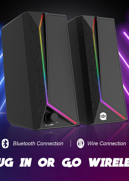 AQVIN (Q130) RGB Gaming Speakers - Wired and Bluetooth 5.0 Speakers For PC/Laptop/Monitor, 6 Colorful RGB Mode Gaming Speakers, Easy Access Volume Control