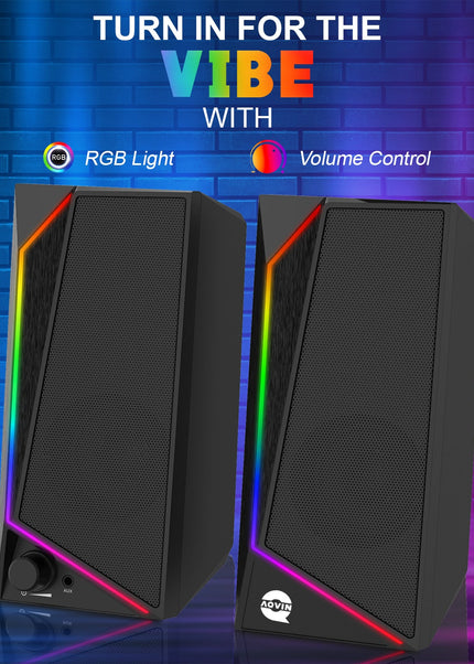 AQVIN (Q130) RGB Gaming Speakers - Wired and Bluetooth 5.0 Speakers For PC/Laptop/Monitor, 6 Colorful RGB Mode Gaming Speakers, Easy Access Volume Control
