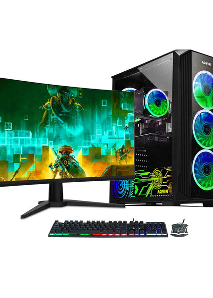 AQVIN Z-Force Gaming Desktop Computer Combo, New 24 inch/ 27 inch Gaming Curved monitor (Intel Hexa Core i7 Processor| 32GB DDR4 RAM| 1TB - 2TB SSD| GTX 1660s, RTX 3050, 3060, 4060| Windows 11 Pro)