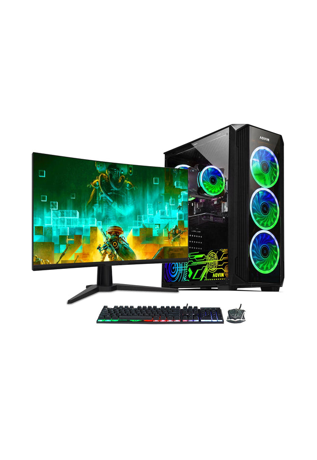 AQVIN Z-Force Gaming Desktop Computer Combo, New 24 inch/ 27 inch Gaming Curved monitor (Intel Hexa Core i7 Processor| 32GB DDR4 RAM| 1TB - 2TB SSD| GTX 1660s, RTX 3050, 3060, 4060| Windows 11 Pro)