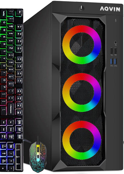 Gaming Desktop AQVIN Computer Tower PC, Intel Core i7 - 6th/ 7th CPU,  32GB DDR4 RAM, 1TB SSD Storage, RX 550/GTX1630/1050Ti/1650, Windows 10 Pro, RGB Keyboard and Mouse - Refurbished