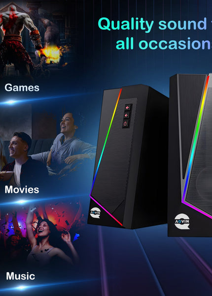 AQVIN RGB Gaming Speakers | Wired and Bluetooth 5.0 Speakers for PC/Laptop/Monitor | 6 Colorful RGB Modes Gaming Speakers | Easy-Access Volume Control (Q100)