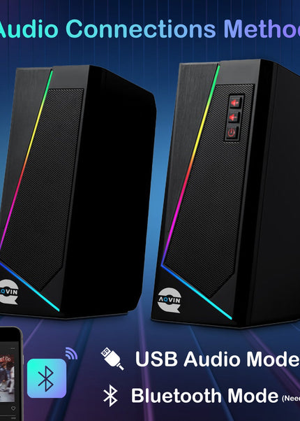 AQVIN RGB Gaming Speakers | Wired and Bluetooth 5.0 Speakers for PC/Laptop/Monitor | 6 Colorful RGB Modes Gaming Speakers | Easy-Access Volume Control (Q100)