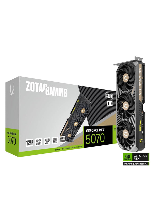 ZOTAC GAMING GeForce RTX 5070 SOLID OC Graphics Card - 12GB GDDR7, IceStorm 2.0 Cooling With BladeLink Fans, 3x Display Port / HDMI - (ZT-B50700J-10P)