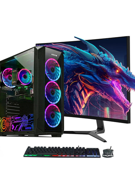 AQVIN Z-Force Gaming Desktop Tower PC/ 24 and 27 inch Curved Screen/ Intel Core i7 up to 4.60 GHz Processor/ RX 580, GTX 1660s, RTX 3050, 3060,4060/ 32GB DDR4 RAM/ 1TB - 2TB SSD/ WIFI/ Windows 11 Pro