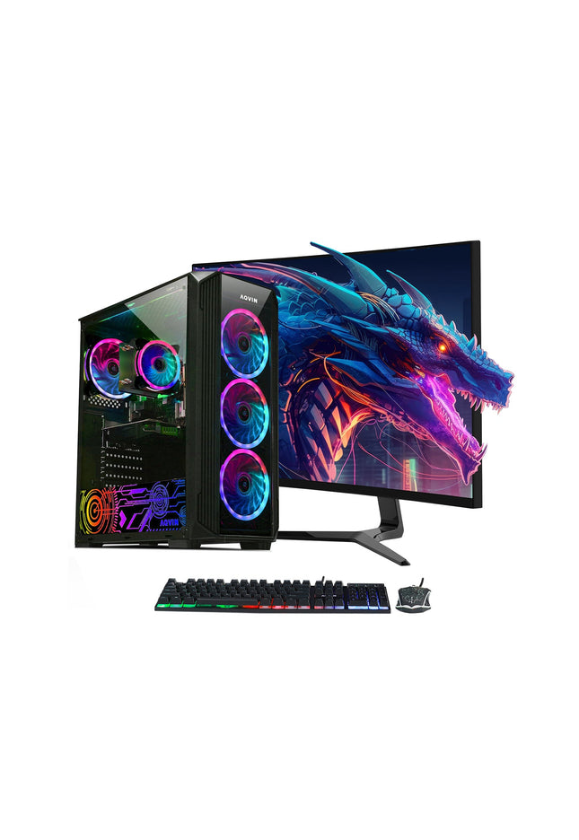 AQVIN Z-Force Gaming Desktop Tower PC/ 24 and 27 inch Curved Screen/ Intel Core i7 up to 4.60 GHz Processor/ RX 580, GTX 1660s, RTX 3050, 3060,4060/ 32GB DDR4 RAM/ 1TB - 2TB SSD/ WIFI/ Windows 11 Pro