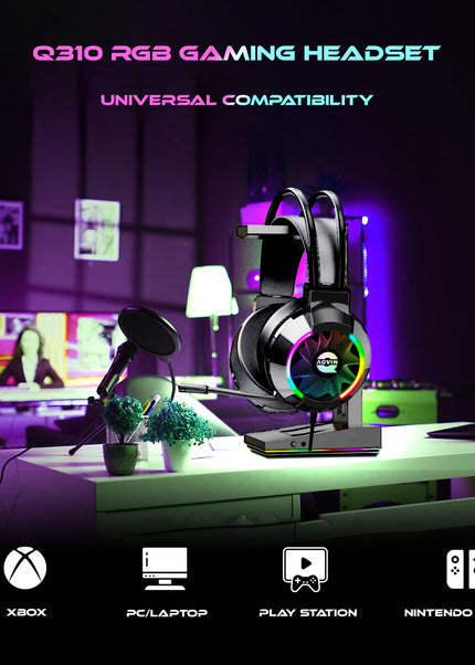 AQVIN Q310 RGB Wired Gaming Headset, RGB Backlight, 7.1 Stereo Surround Sound, 50MM Drivers, Adjustable Microphone, Over-Ear Headphones for PC, Laptop etc - Black